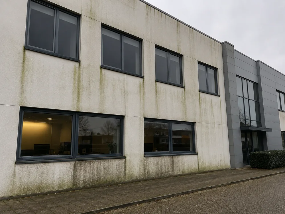 Reiniging van een bedrijfspand: vervuilde gevel naast dezelfde gevel na de reiniging, vóór de reiniging