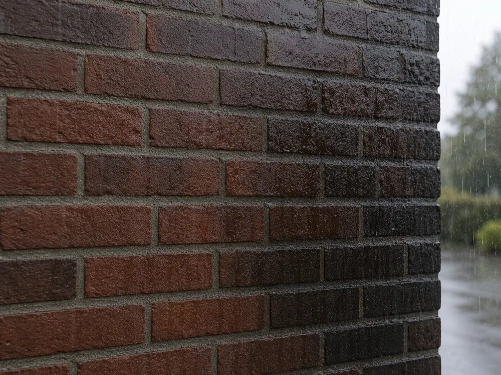 Impregneren van een gevel: onbehandelde steen naast dezelfde steen na het impregneren, onbehandeld, de regen trekt in de steen
