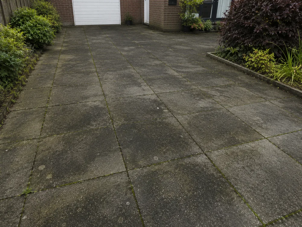 Terrasreiniging: tegels met groene aanslag naast dezelfde tegels na de powerwash-reiniging, vóór de reiniging